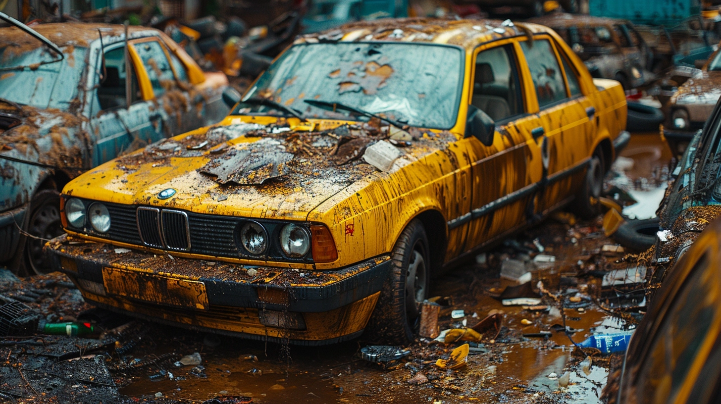 Yellow BMW in a scrapyard