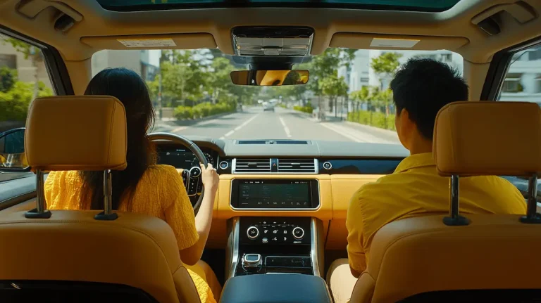 Young girl driving her male partner on a road trip