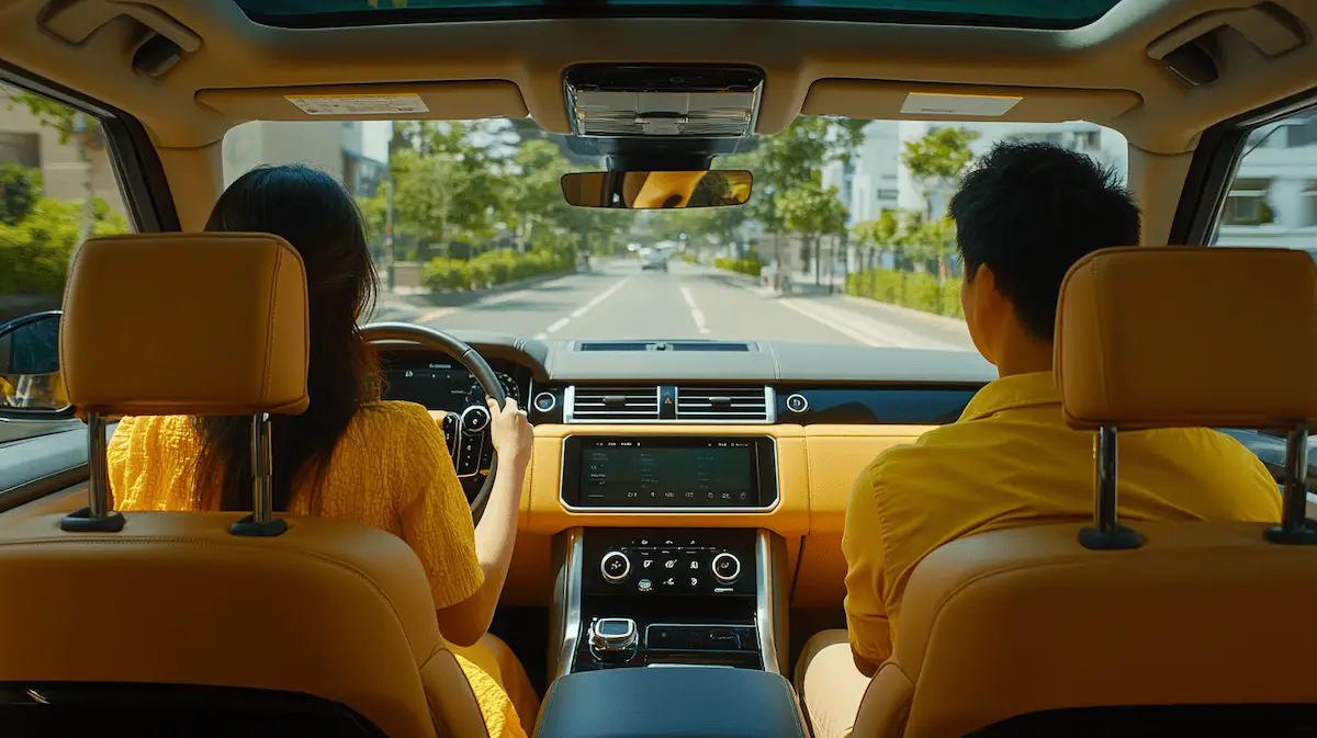 Young girl driving her male partner on a road trip