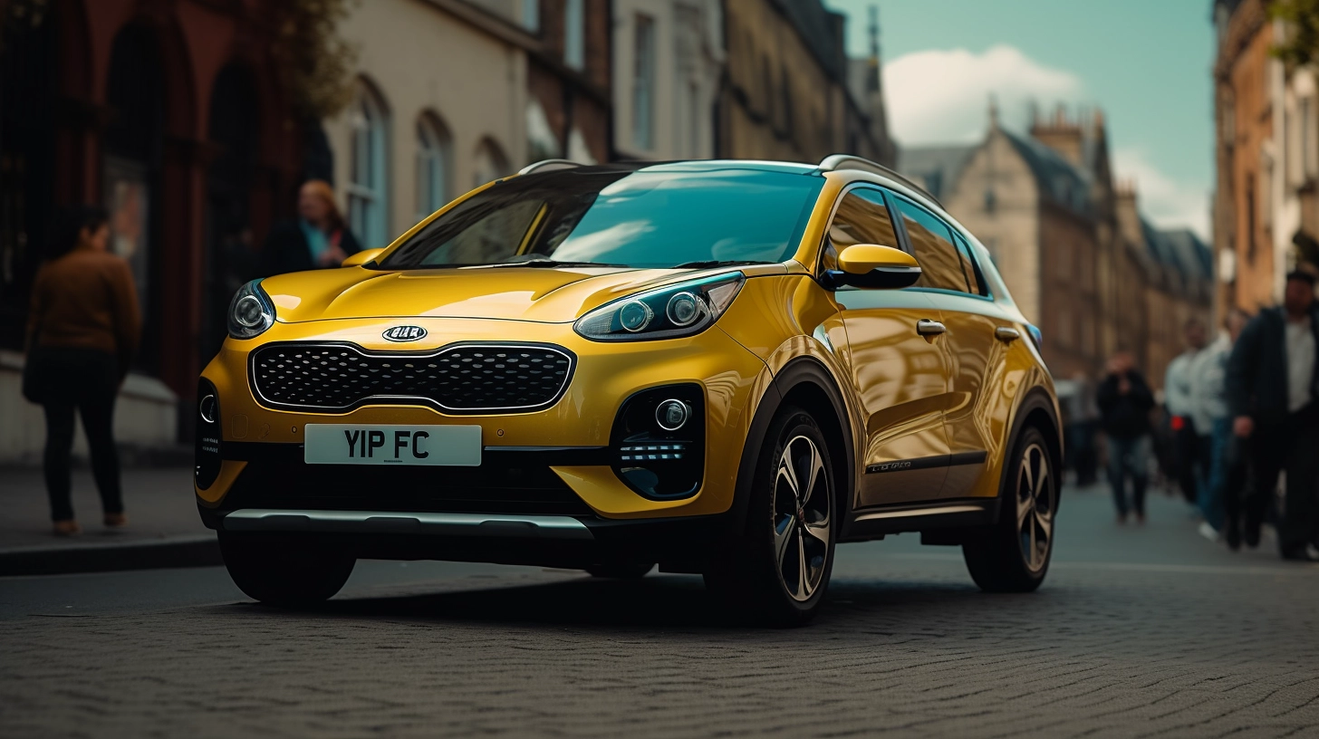 Yellow Kia Sportage driving the streets of Oxford in the UK