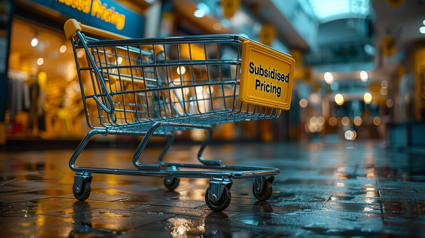 Shopping Trolley wit hthe words "Subsidised Pricing" on the advert on the front