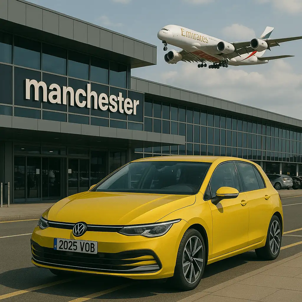 Yellow Volkswagen Golf parked outside Manchester Airport