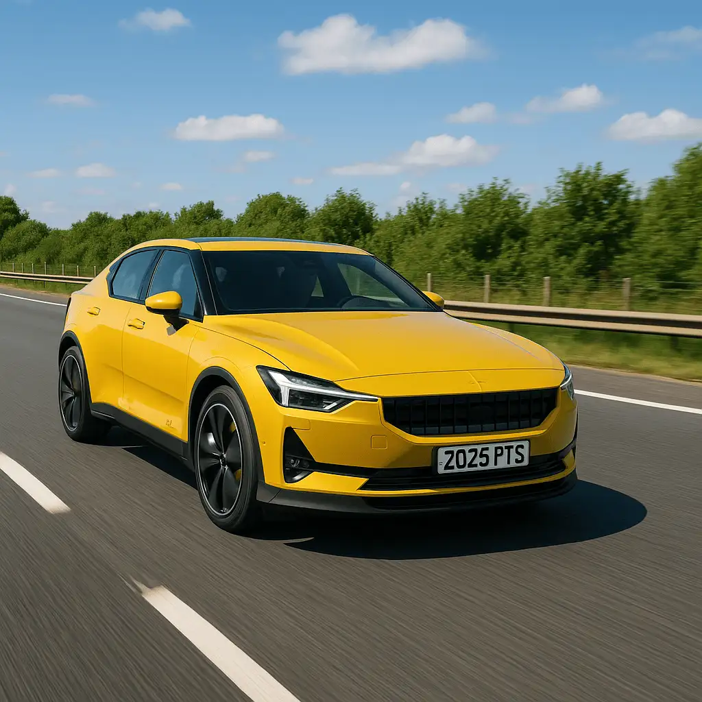 Yellow Polestar 2 driving fast on a motorway