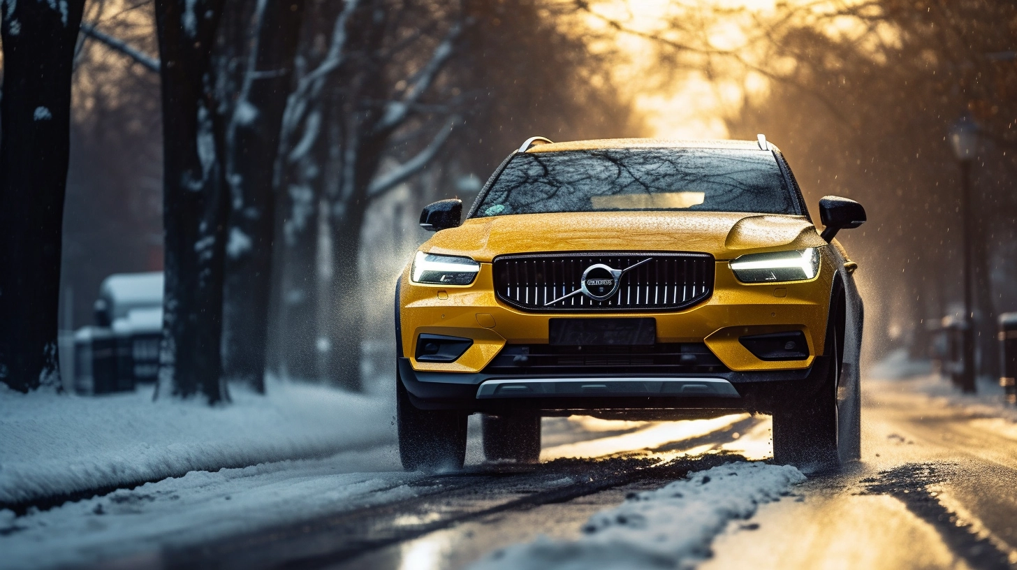 Yellow Volvo in the snow