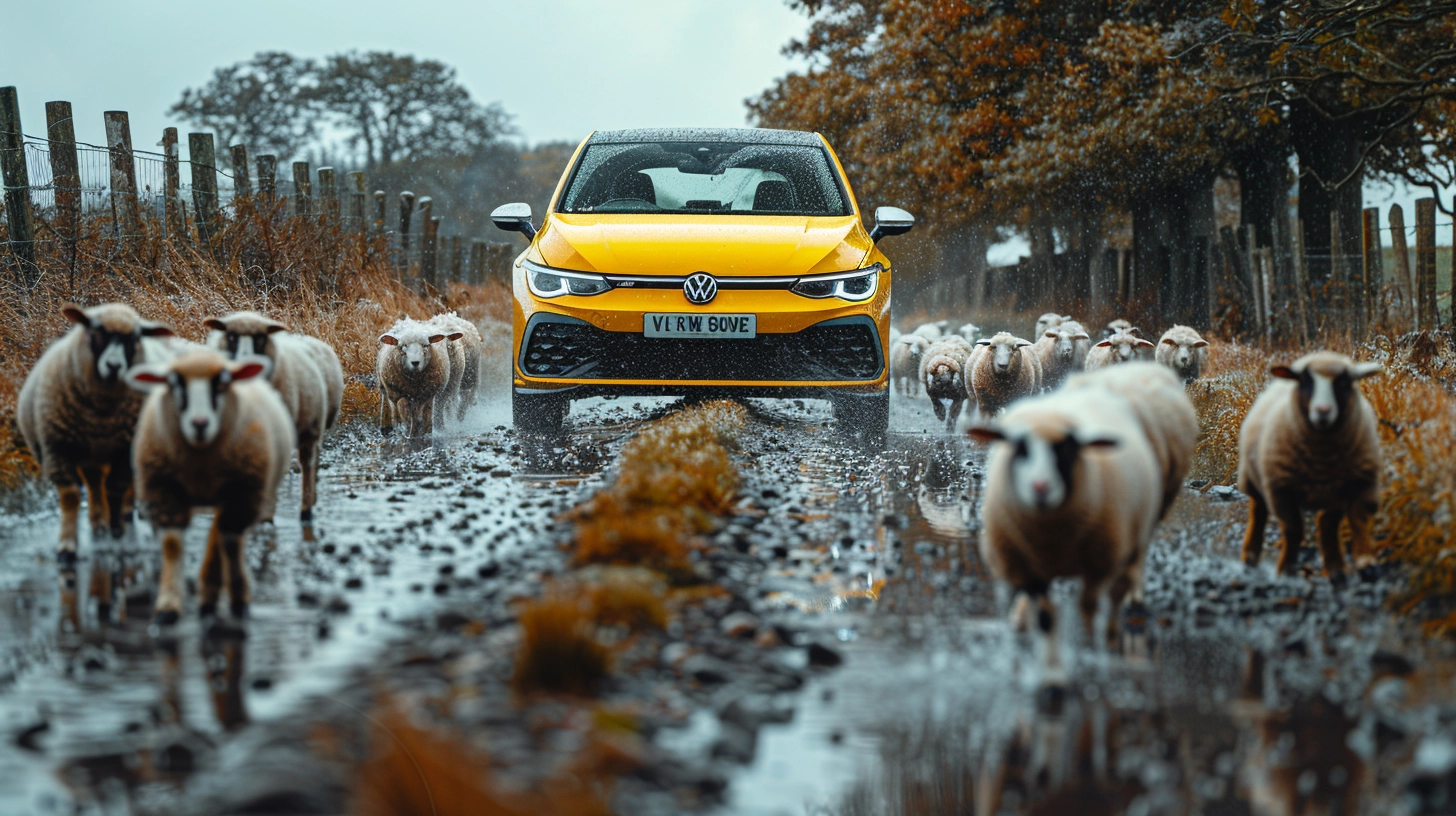 VW Golf in Yellow driving past sheep