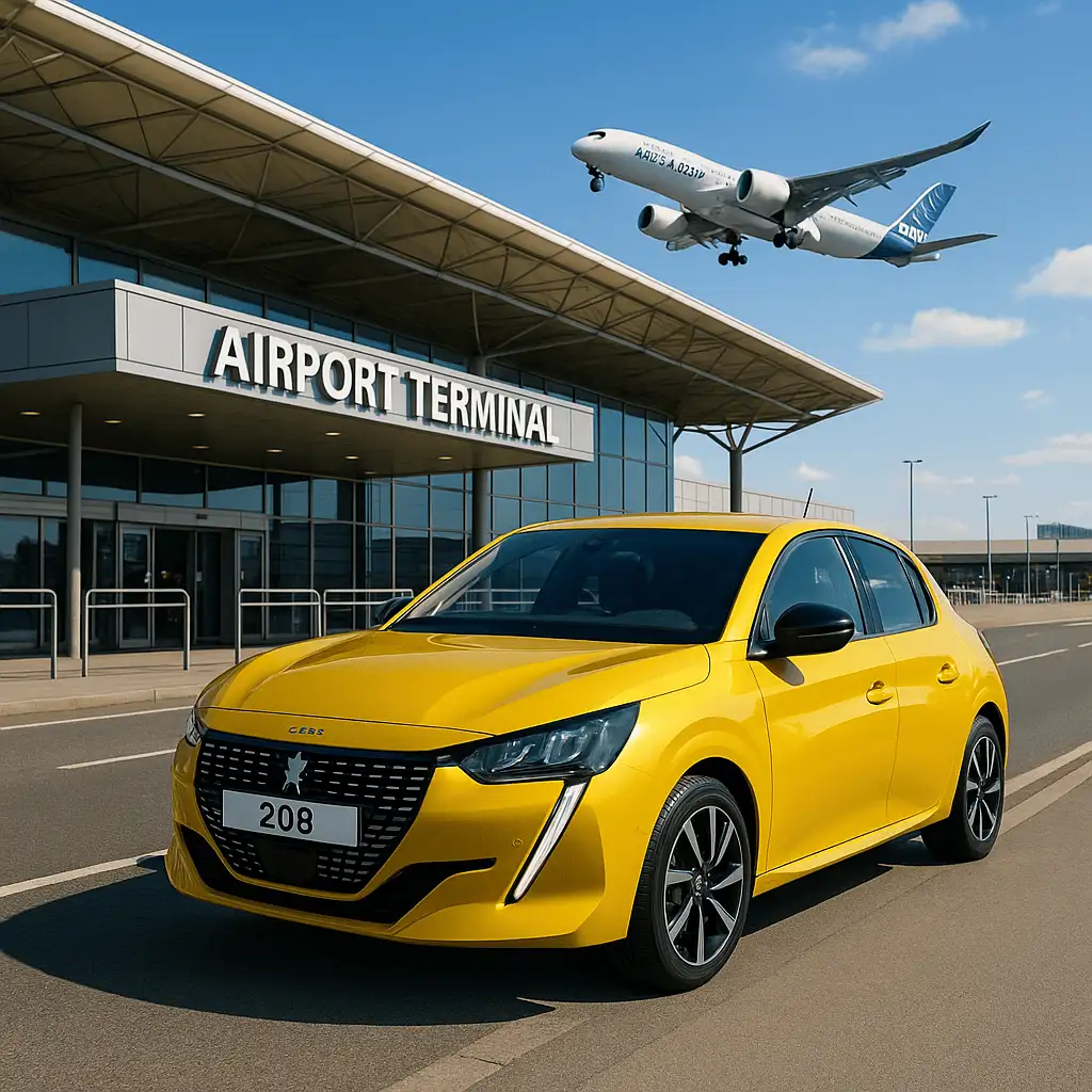 Yellow Peugeot 208 parked outside a UK Airport Terminal