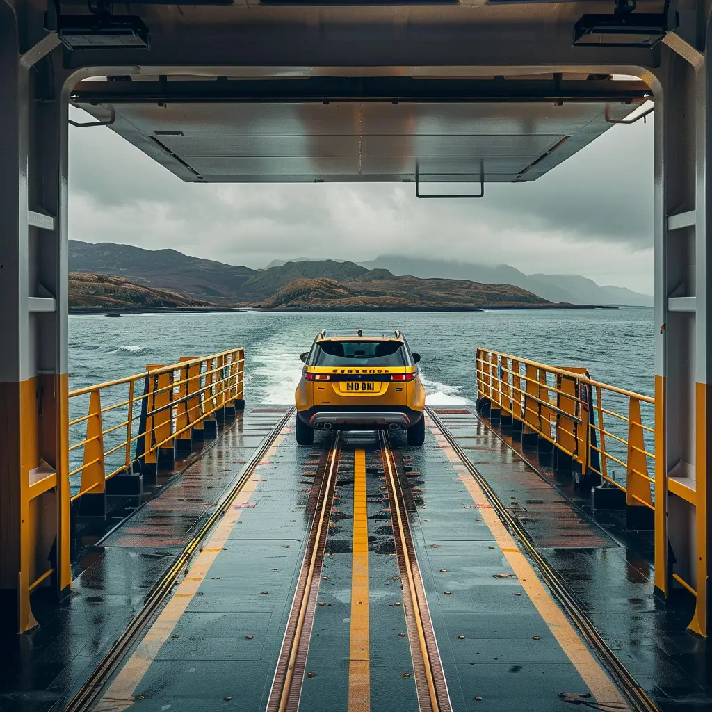 Yellow Land Rover on a car ferry on the way to a Scottish Island