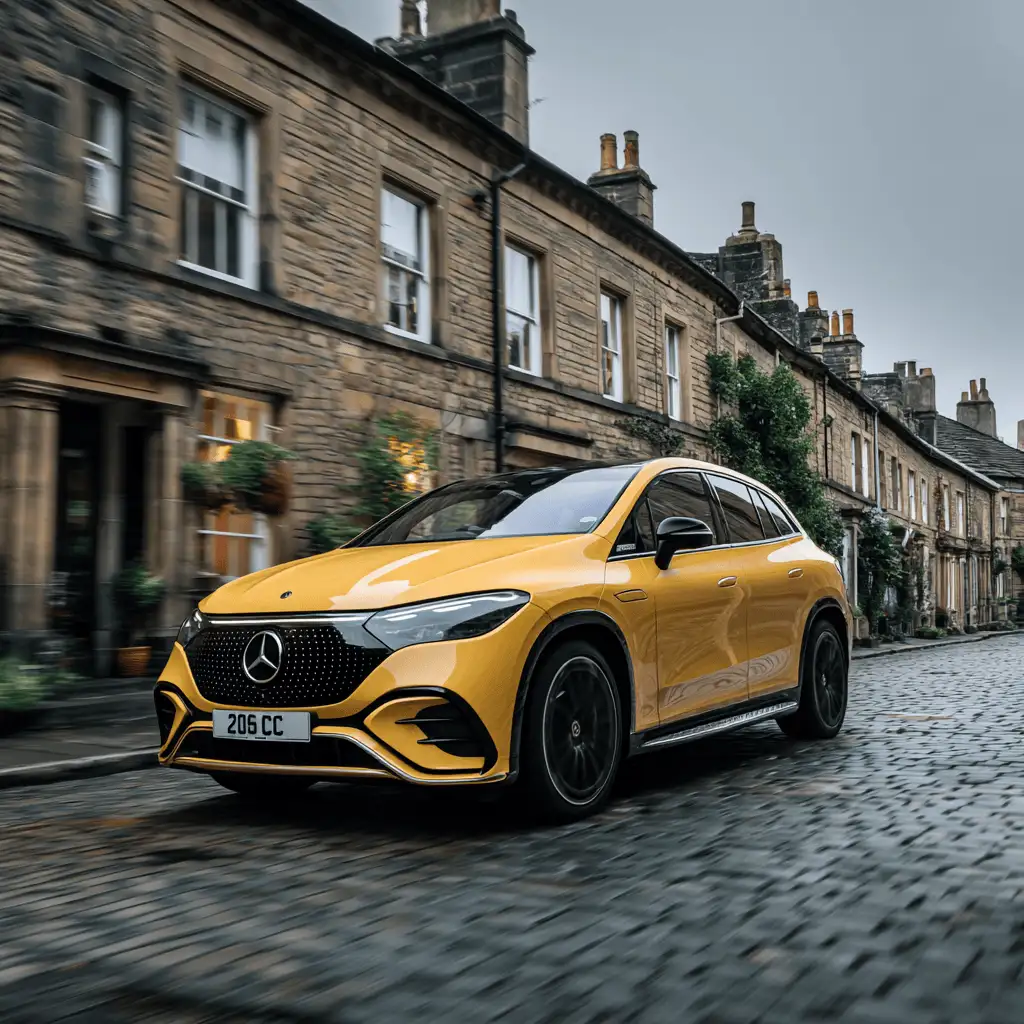 Yellow Mercedes-Benz EQE SUV parked on a cobbled street