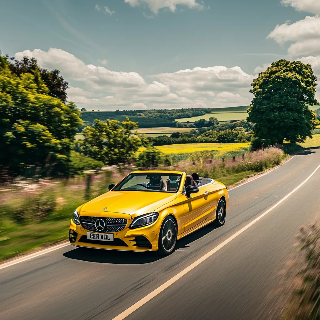 Yellow Mercedes-Benz C Class Cabriolet driving down an English Country Road