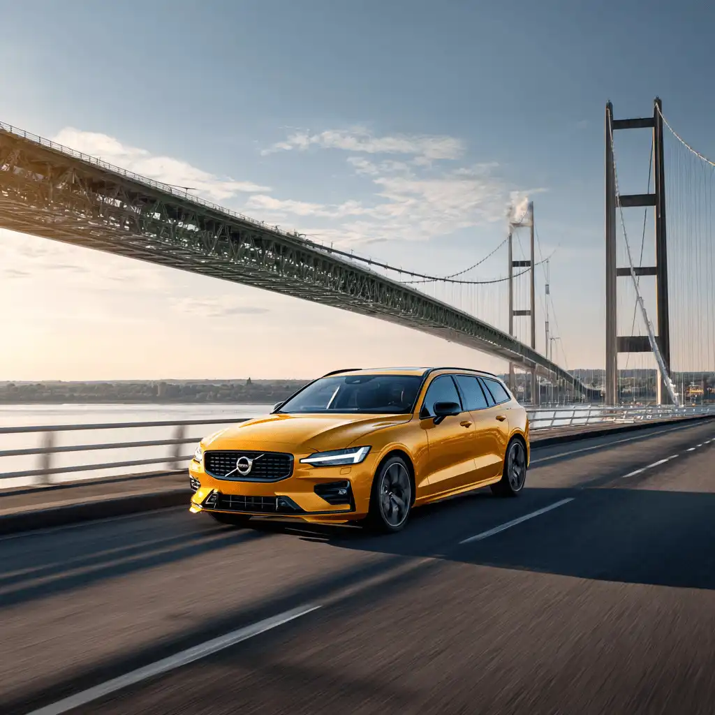 Yellow Volvo V60 driving across the humber bridge